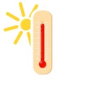 Hot thermometer with a sun. Temperature weather thermometers meteorology, temp control thermostat device flat vector icon.